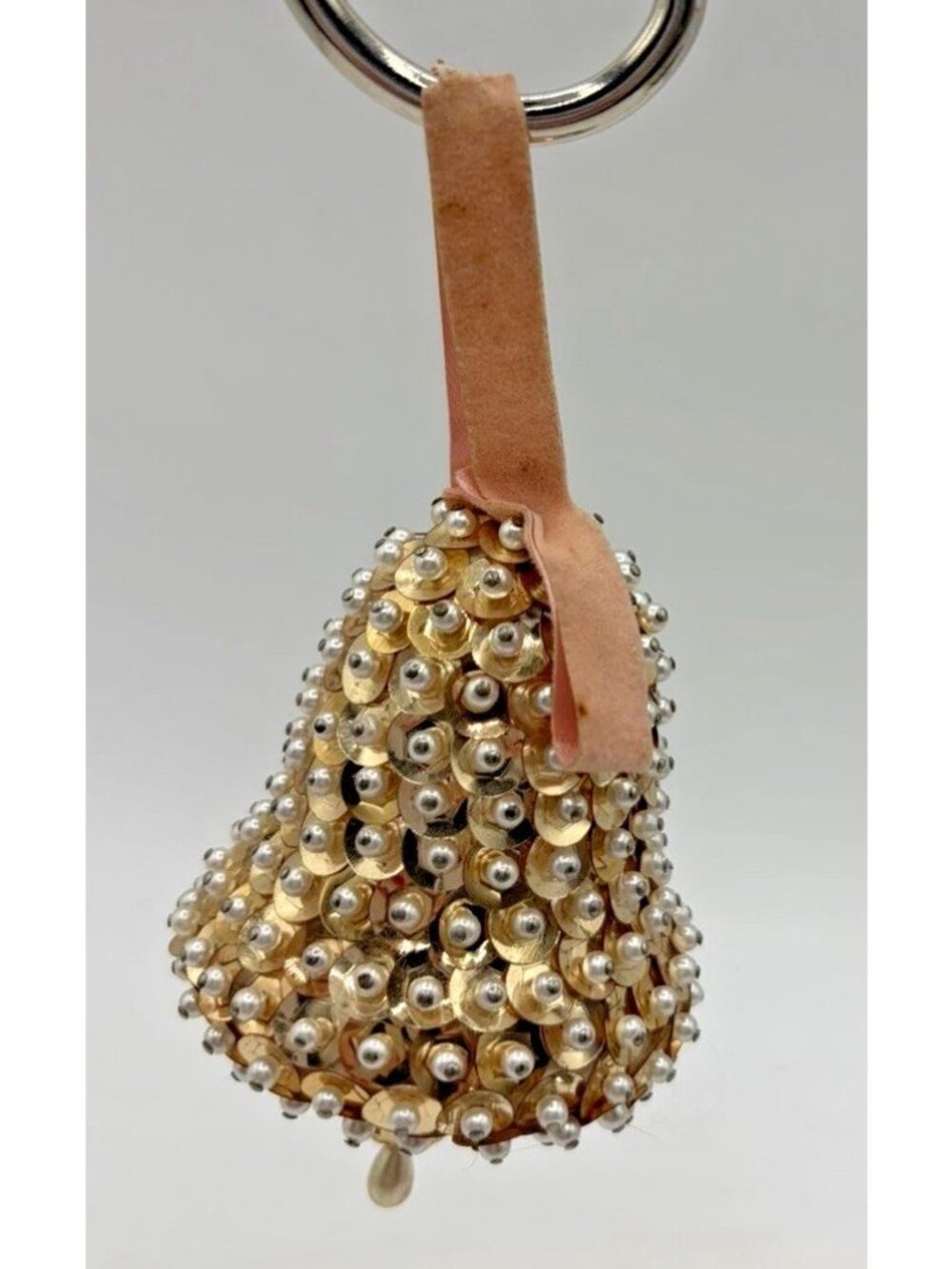 Vintage Push Pin Ornament Bell Sequin Bead Handmade Gold Christmas Decor Holiday